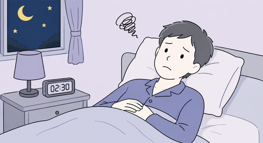 寝つきが悪い(入眠困難)な男性のイラスト