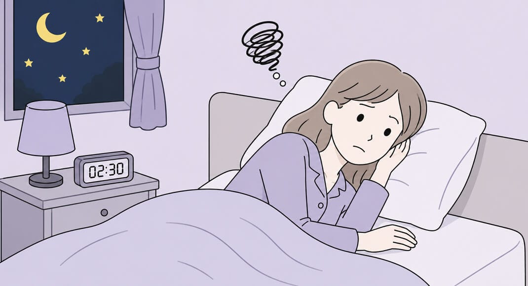 夜中に目が覚める(中途覚醒)した女性のイラスト