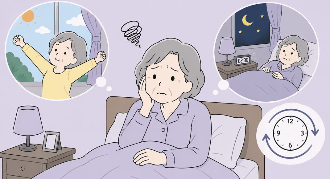 睡眠リズムが乱れている高齢の女性のイラスト